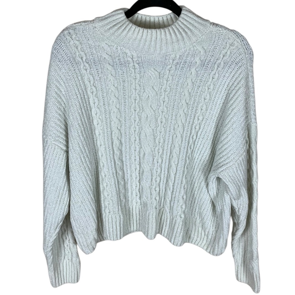 Women's Rachel Zoe White Chenille Long Sleeve Cropped Cable Knit Sweater Size XL